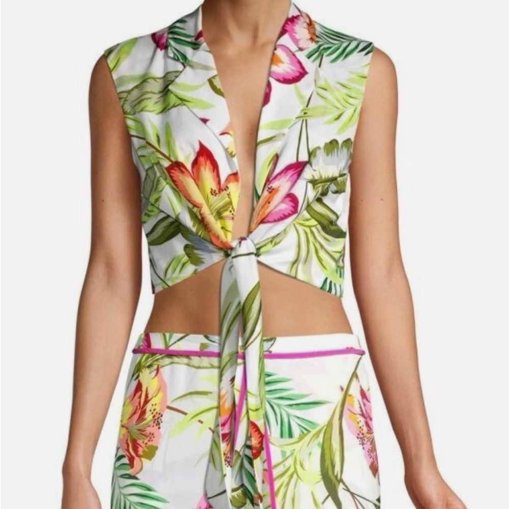 LE SUPERBE “Skyline Floral” Tie-Front Blouse Foliage Leaf Print Size 0 NWOT!